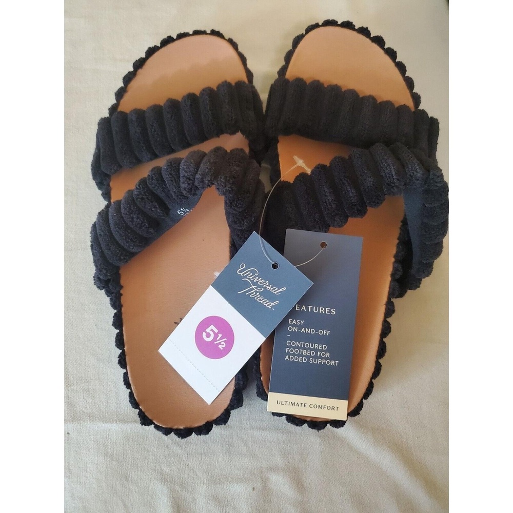 Universal Thread KYLA Sz 5.5 Black Super Comfy Soft Corduroy  Slide Sandals